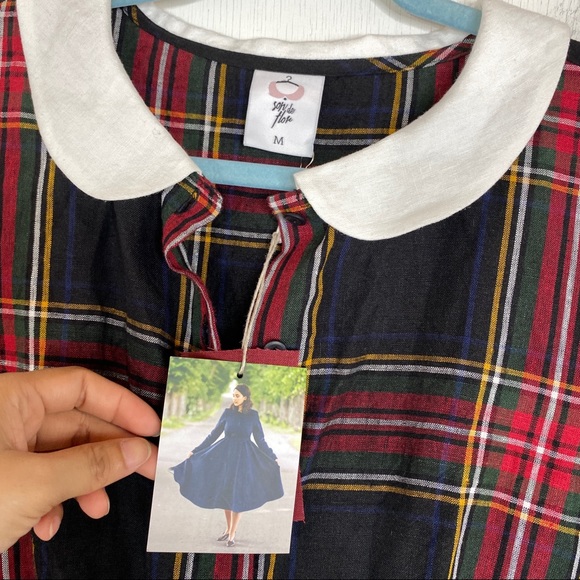 Son de Flor Holiday Plaid Long Sleeve Dress 100% Linen Sustainable - Picture 13 of 16